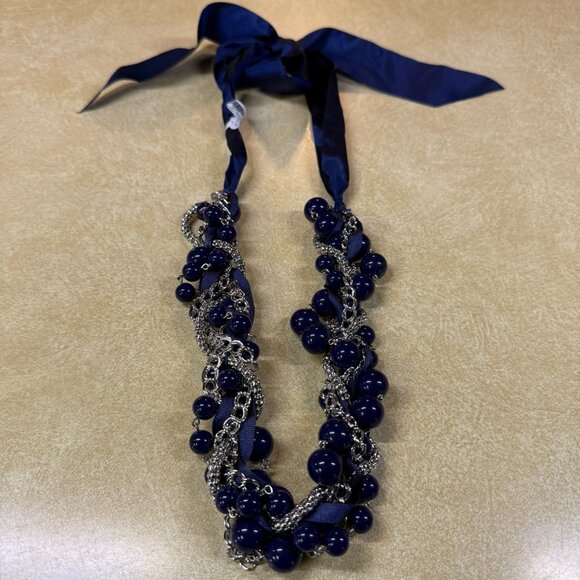Loft Blue Bauble Necklace w/Silver Chain Interwoven - Fabric Tie - 48 inches - Picture 1 of 5